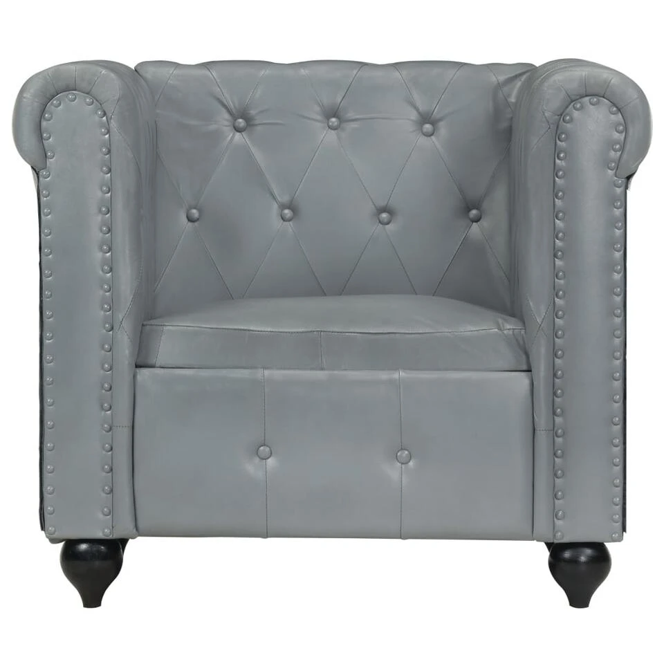 VidaXL Fauteuil Chesterfield-stijl Echt Leer Grijs - Afbeelding 4