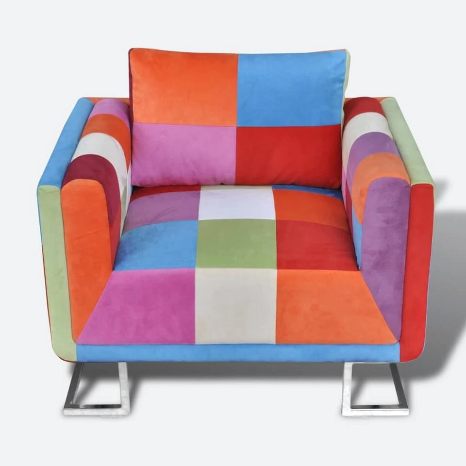 VidaXL Fauteuil Met Patchwork Ontwerp En Verchroomde Poten Kubus Stof - Afbeelding 2