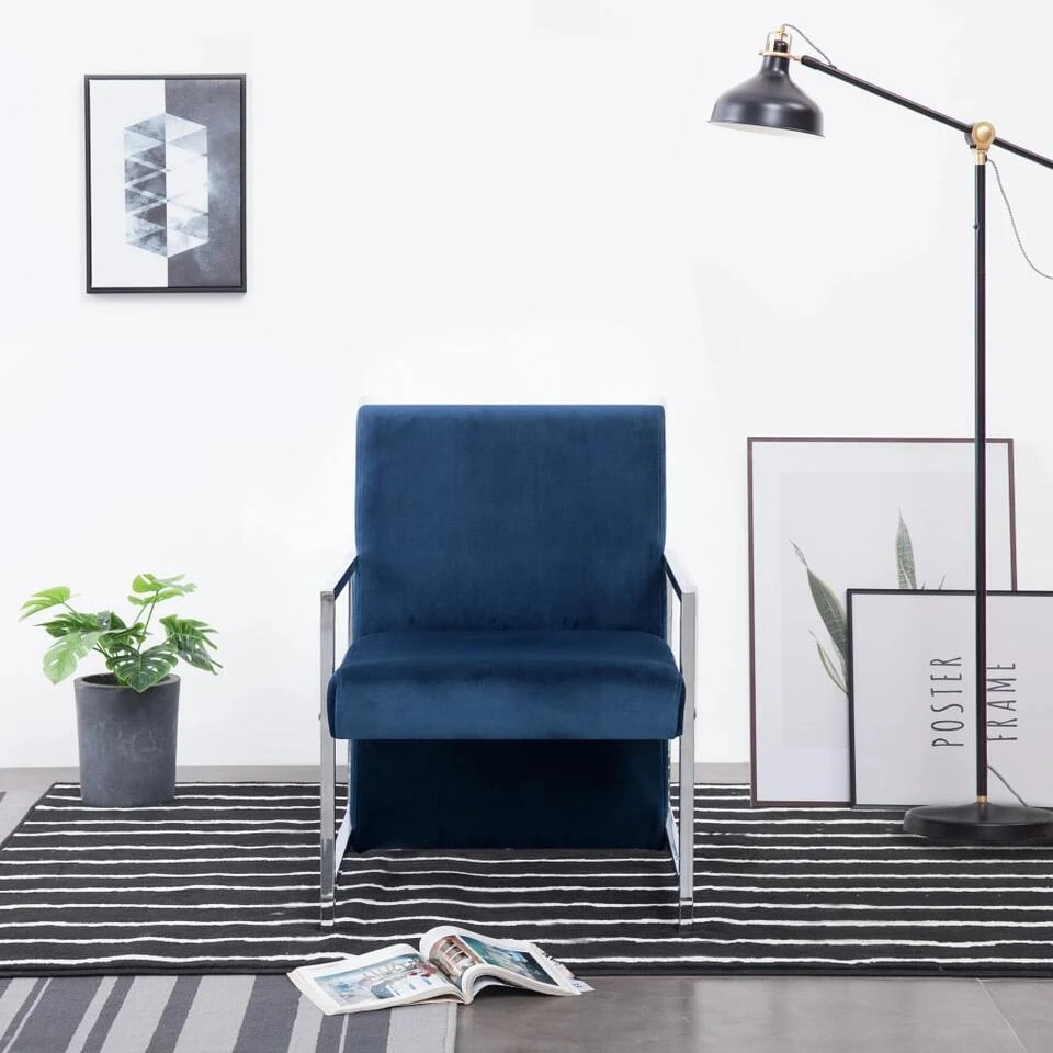 VidaXL Fauteuil Met Chromen Poten Fluweel Blauw - Afbeelding 2